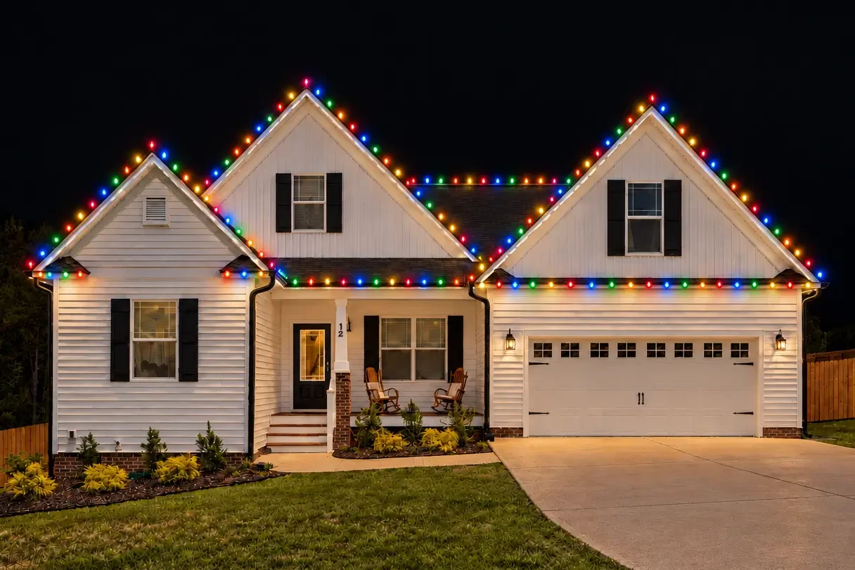 A white, suburban, two-story home decorated with multi-color C9 Christmas lights on the gutter line, ridgeline, and gable ends