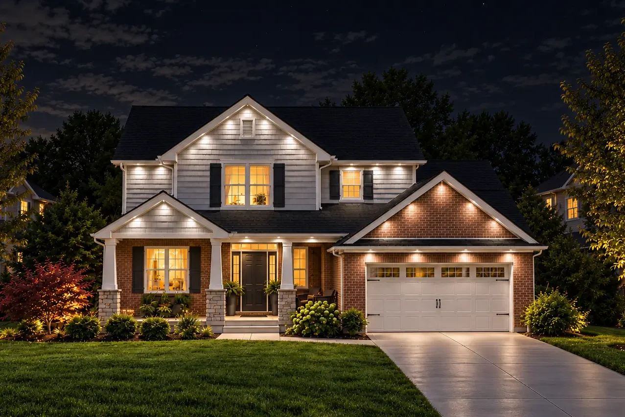 Home illuminated with cool white permanent security lighting